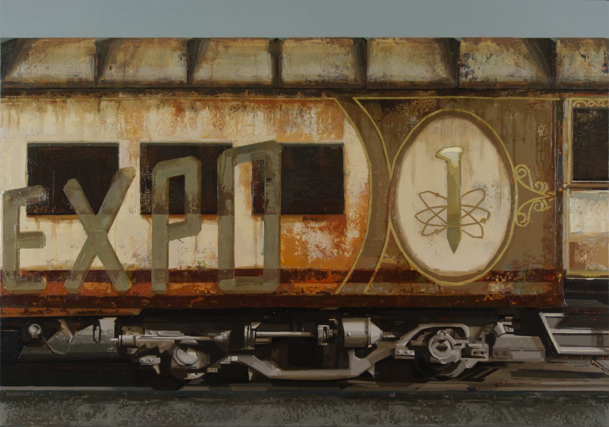A painting of a railcar with the for "EXPO" on it.