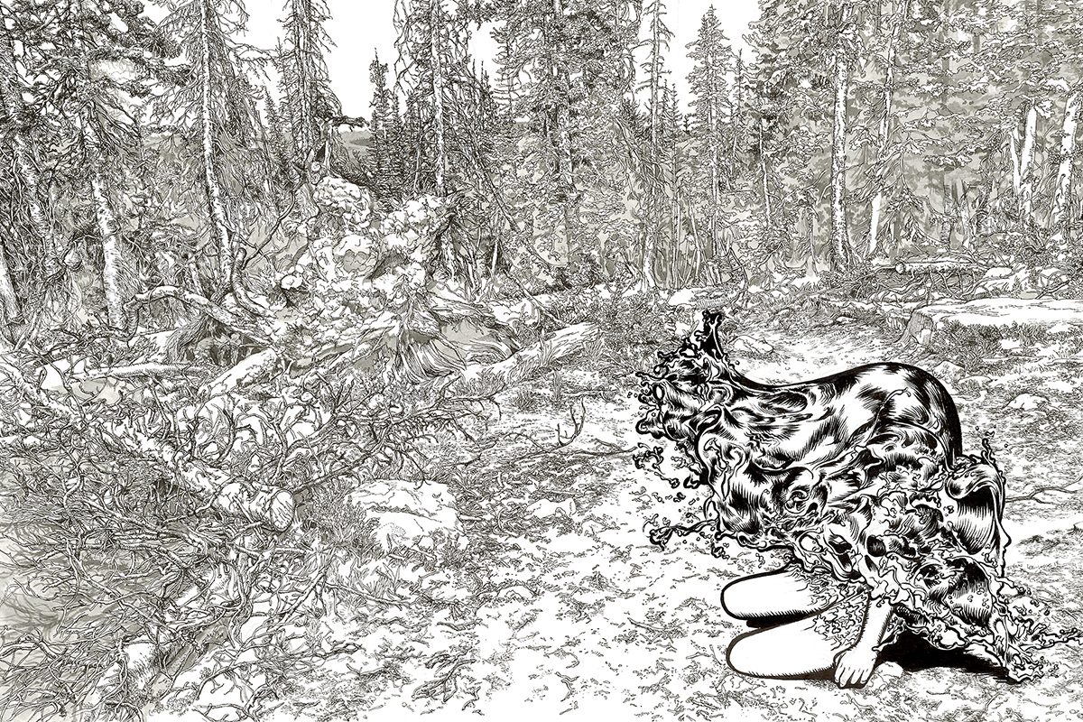A black and white illustration of a half-human, half-water figure in a forest.