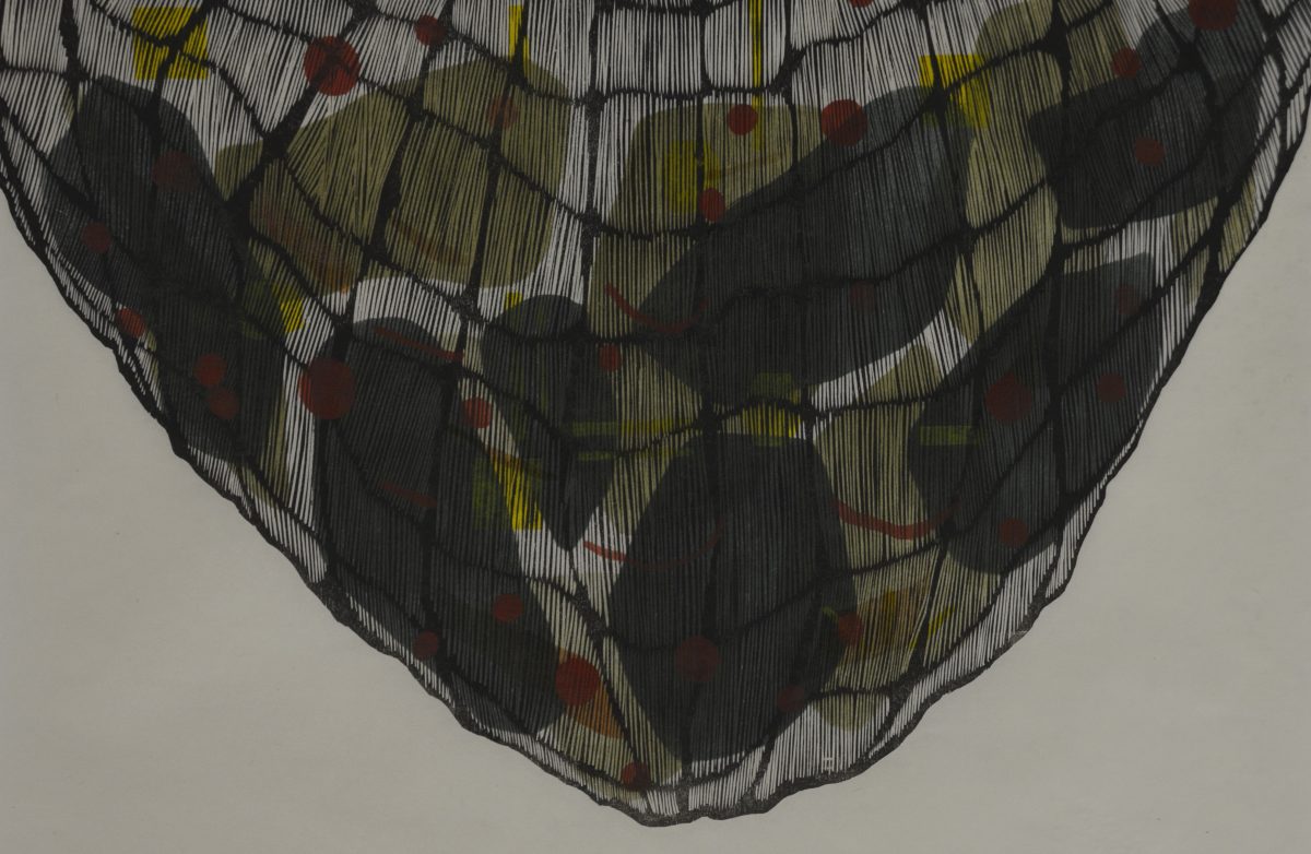 Am art piece resembling a net with dark green shapes inside.