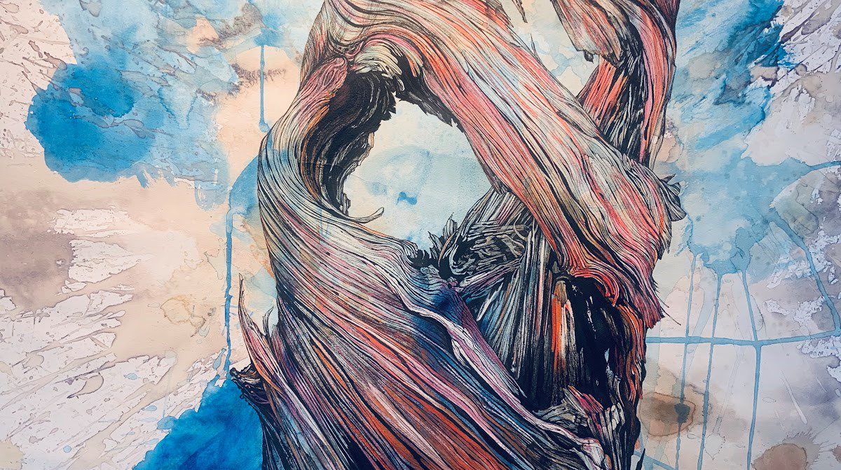 A red and blue painting of a tree trunk.