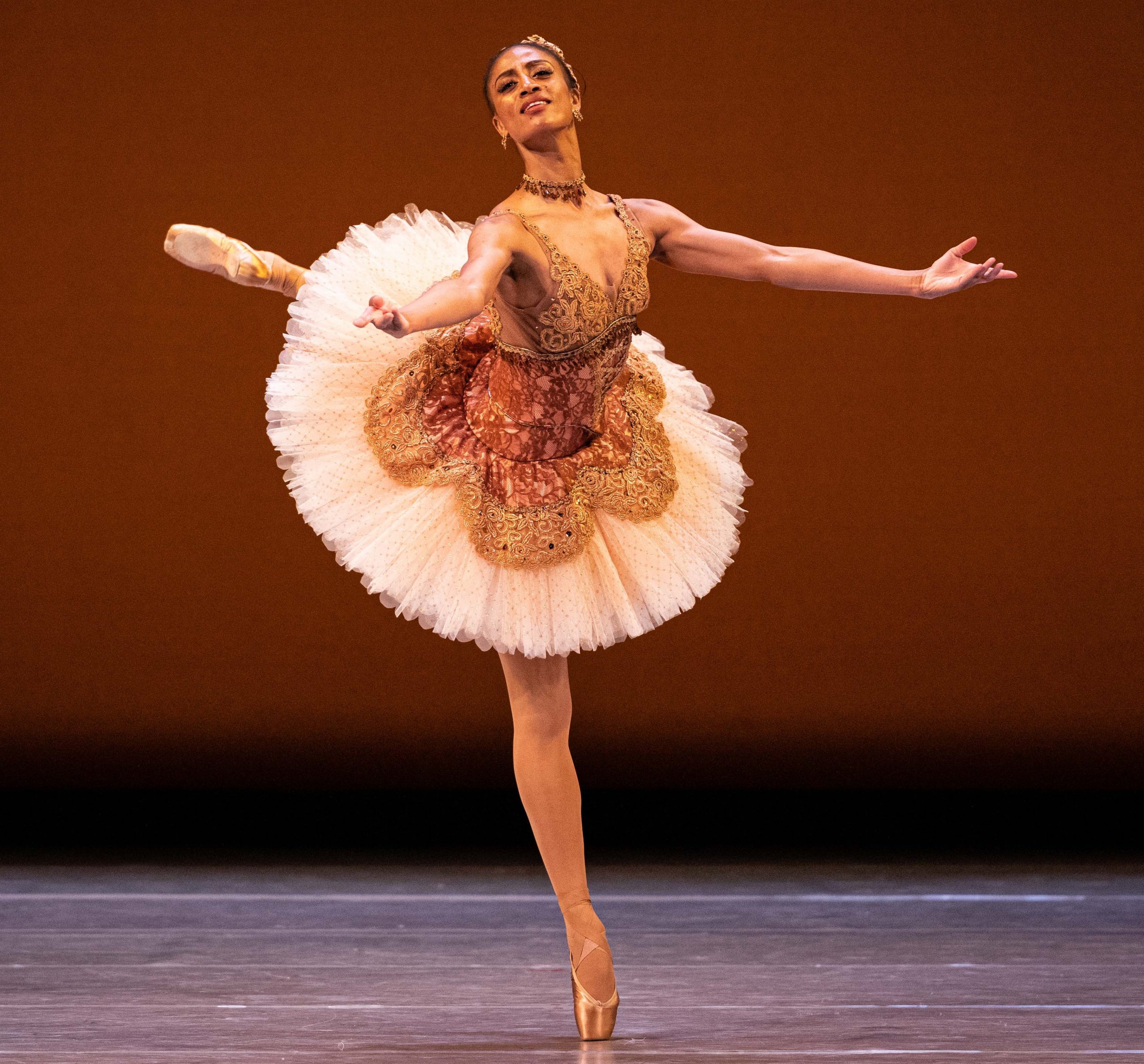 A photo of a female ballerina balancing on a single foot on pointe.