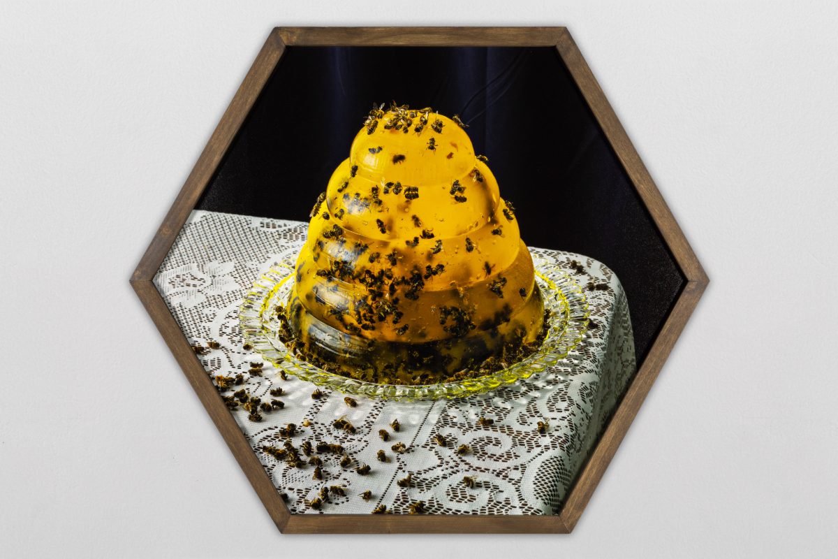 Yellow gelatin in the shape of a beehive, filled with bees.