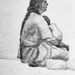 Sketch of a woman sitting on the ground holding a child.
