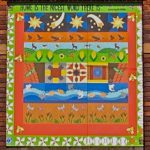 Artwork with stars, corn and fields, water, and flowers.