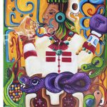 A colorful painting featuring a figure with traditional attire, holding a conch shell to their mouth. The background is vibrant with swirls and patterns. At the bottom, there is a stylized purple serpent and various abstract botanical elements.