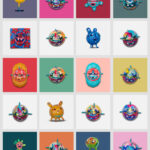 A photo collage of 20 colorful art figurines. A grid of colorful and whimsical character designs in various styles. The background colors vary from light to dark shades, highlighting the playful art.