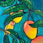 A vibrant painting featuring two lovebirds perched on leafy branches, surrounded by ripe, colorful mangoes. The background is a bright blue, enhancing the lush green leaves and the yellow and orange mangoes.