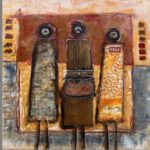 An encaustic painting of three stylized human figures positioned side by side against a textured background in warm tones of orange and brown.