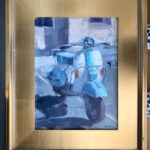 a painting of a blue motor scooter
