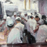 a painting of a crowd of people in white clothing and baseball caps, bent over tables engaged in a task