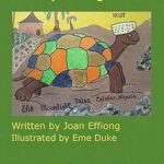 A book cover titled "Ndrukpa - Tug of War," featuring an illustration of a colorful turtle against a light green background. The turtle sits under a blue sky with trees and geometric shapes, indicating a vibrant and playful narrative. The title is in bold font at the top, with the authors' names below.