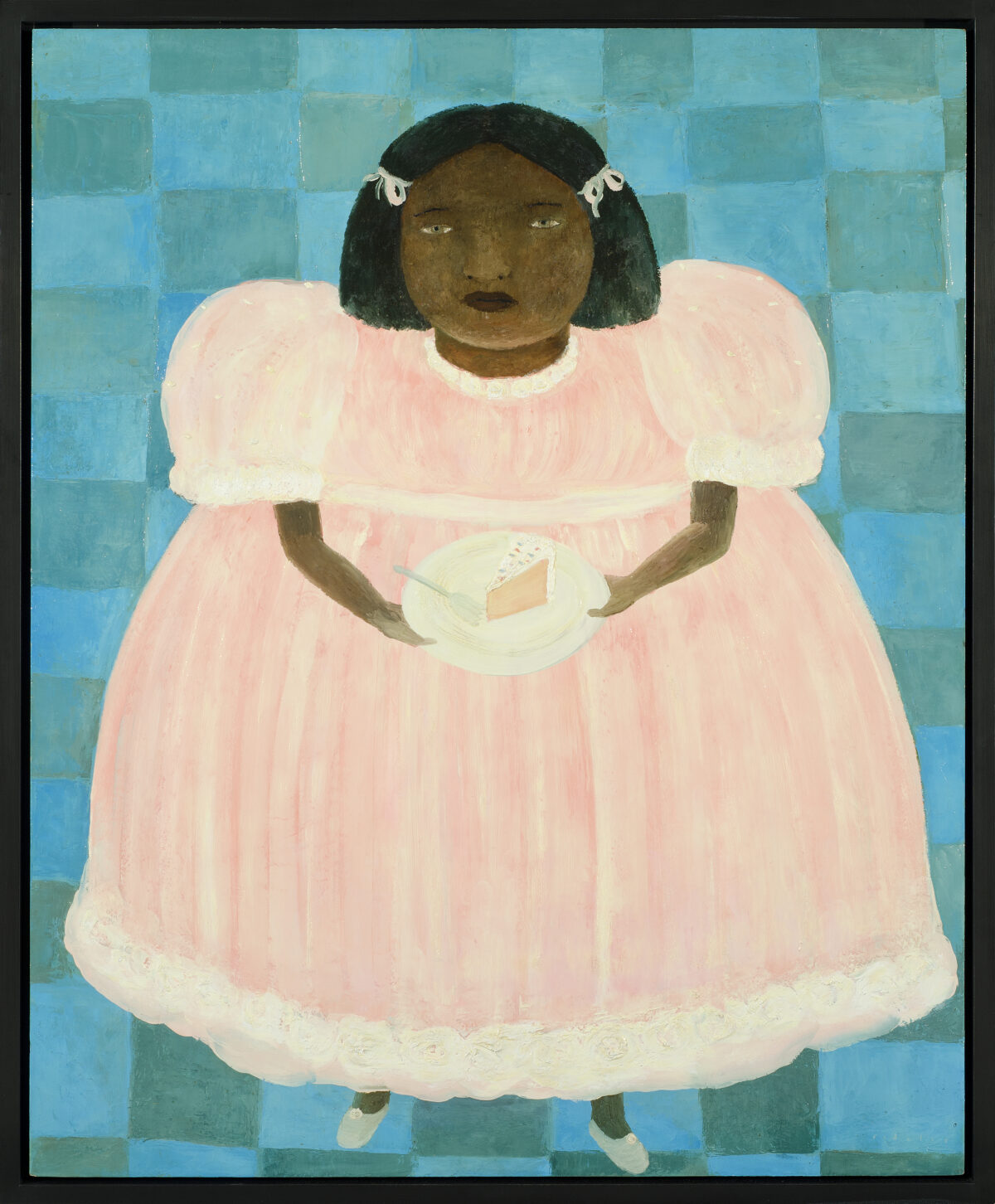 A painting of a young girl in a pink party dress holding a piece of cake on a blue checked background.