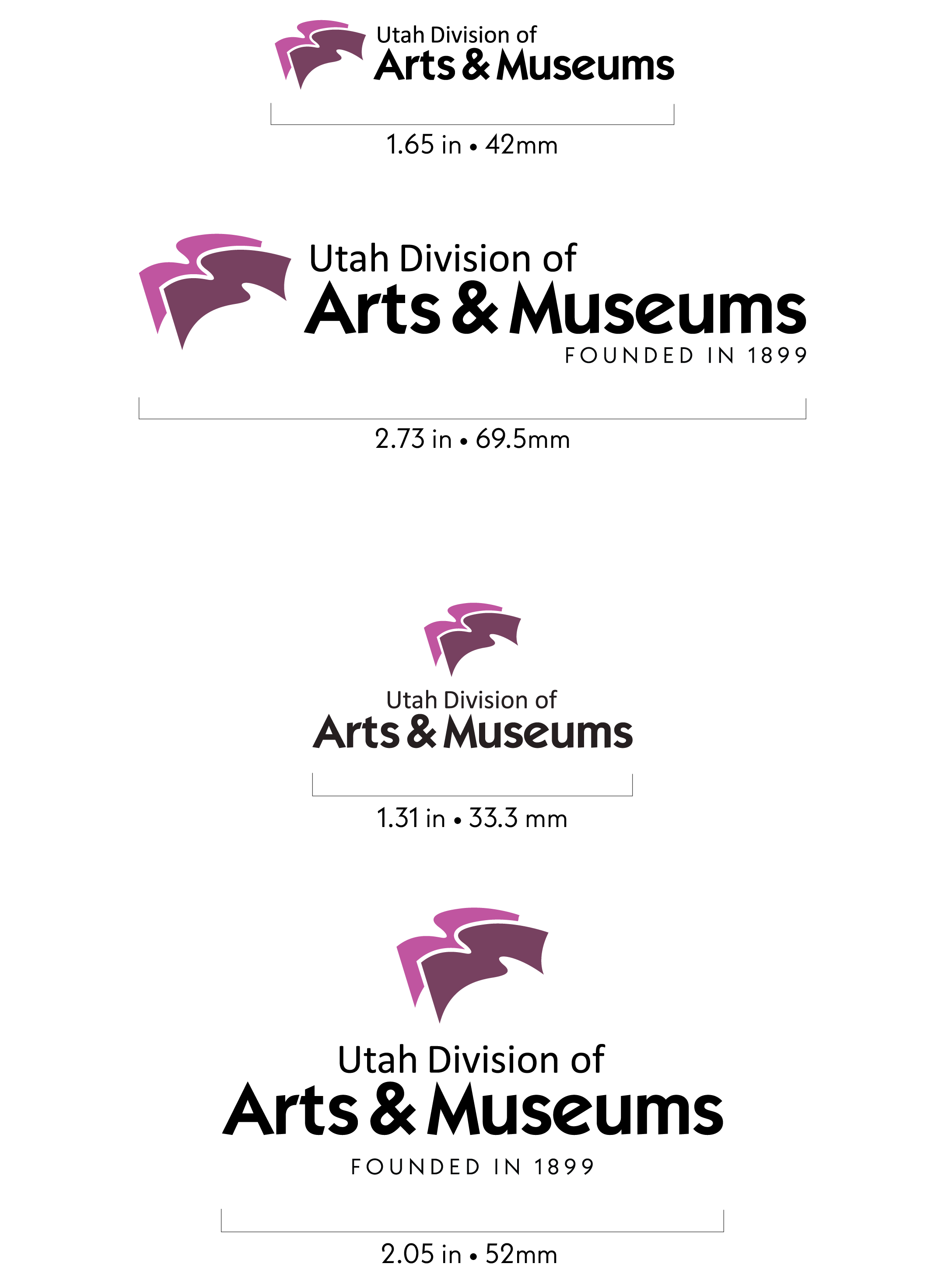 Diagram of the Arts and Museums logos labeled with minimum sizes.