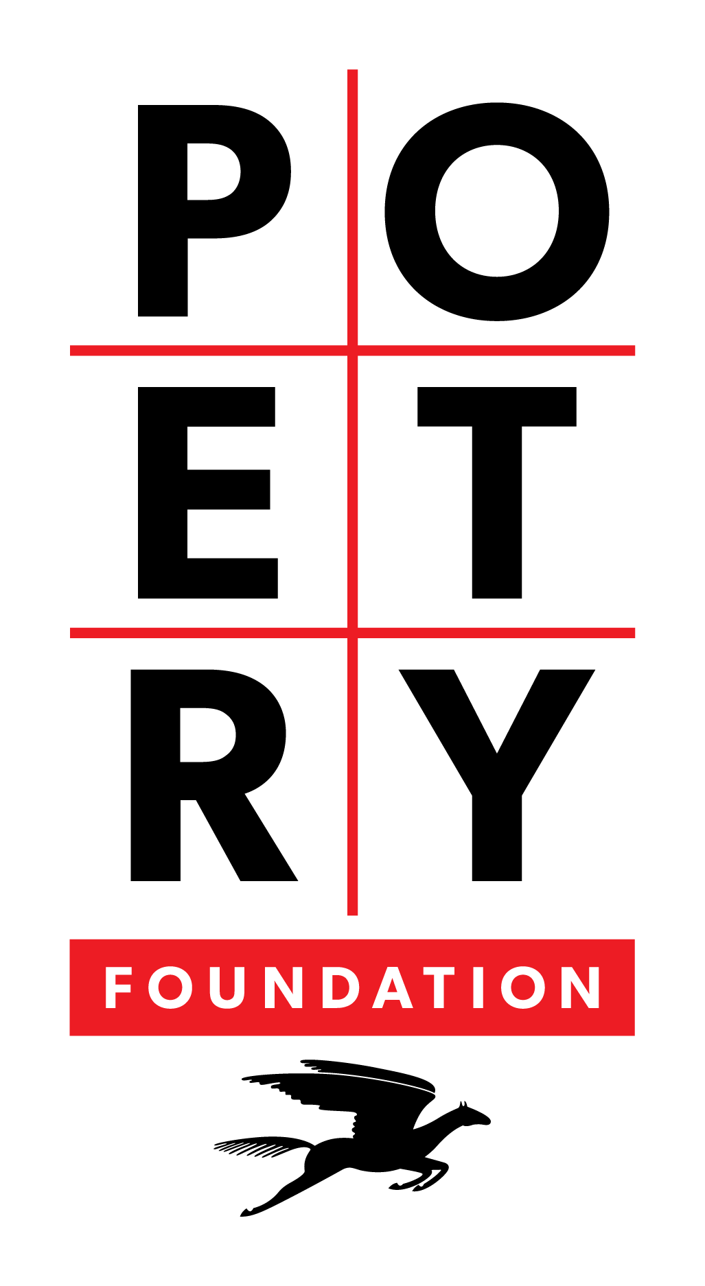 The word "POETRY" is divided into two columns and three rows by thin red lines, with each letter in bold, black uppercase font. Below, a red rectangle contains the word "FOUNDATION" in white uppercase letters. At the bottom, there is a black illustration of a winged horse.