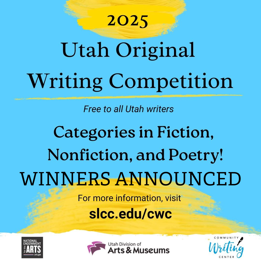 Flyer for the 2025 Utah Original Writing Competition with blue and yellow design elements.