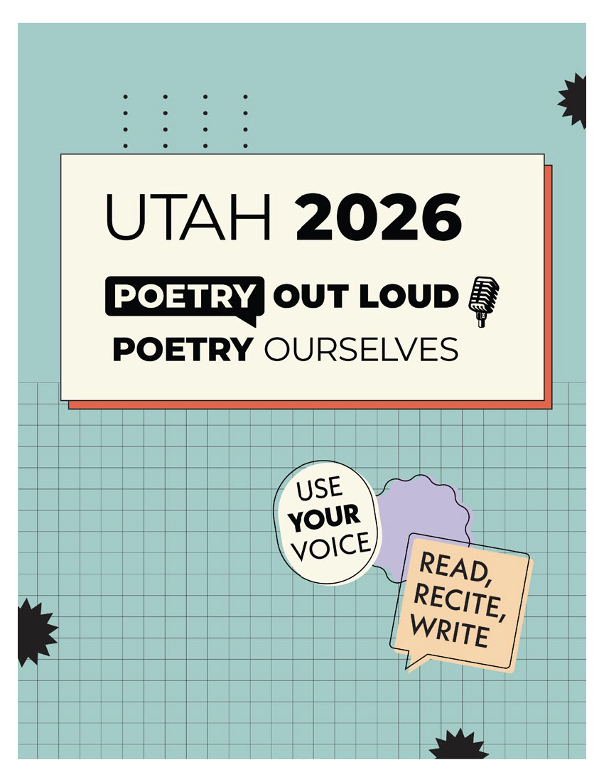 Utah 2026 Poetry Out Loud poster featuring bold black typography on a cream background with teal grid design, promoting poetry competition and creative writing event. Text reads “UTAH 2026,” “POETRY OUT LOUD” with microphone icon, and “POETRY OURSELVES.” Additional speech bubble graphics display “USE YOUR VOICE” and “READ, RECITE, WRITE.” Modern flat graphic design with retro color palette, decorative shapes, and educational arts theme promoting student poetry recital and public speaking competition.