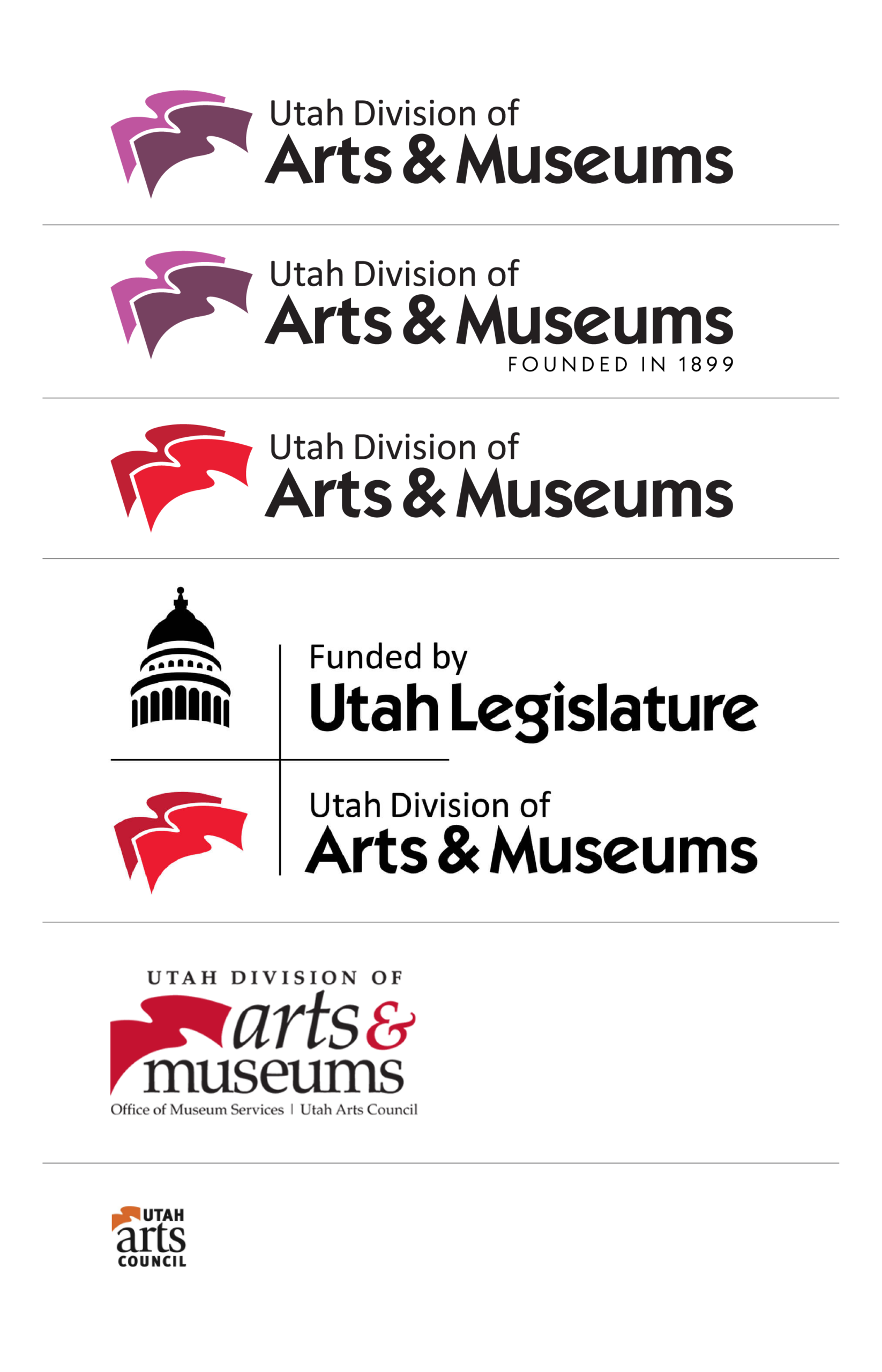 Six Utah Division of Arts & Museums logos with different designs and text variations.