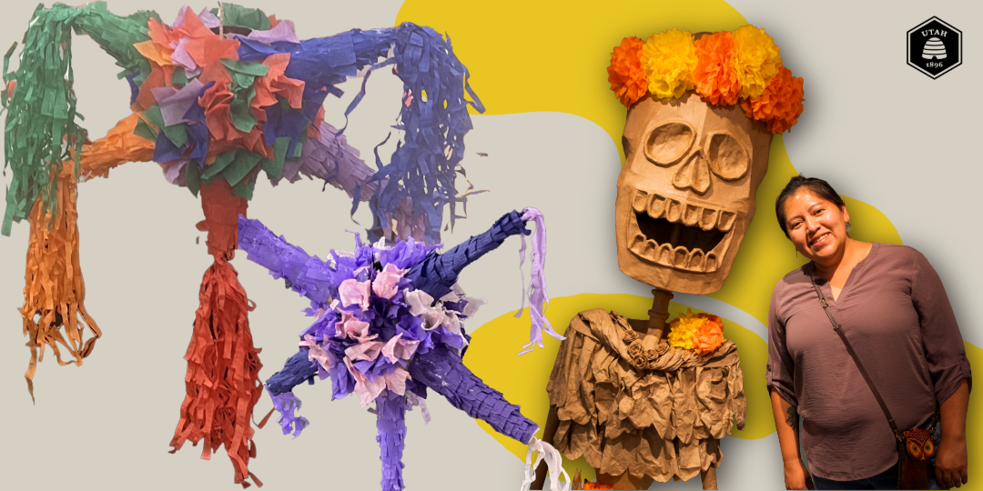 Woman smiles next to a skeleton figure and two colorful piñatas with tissue paper flowers.