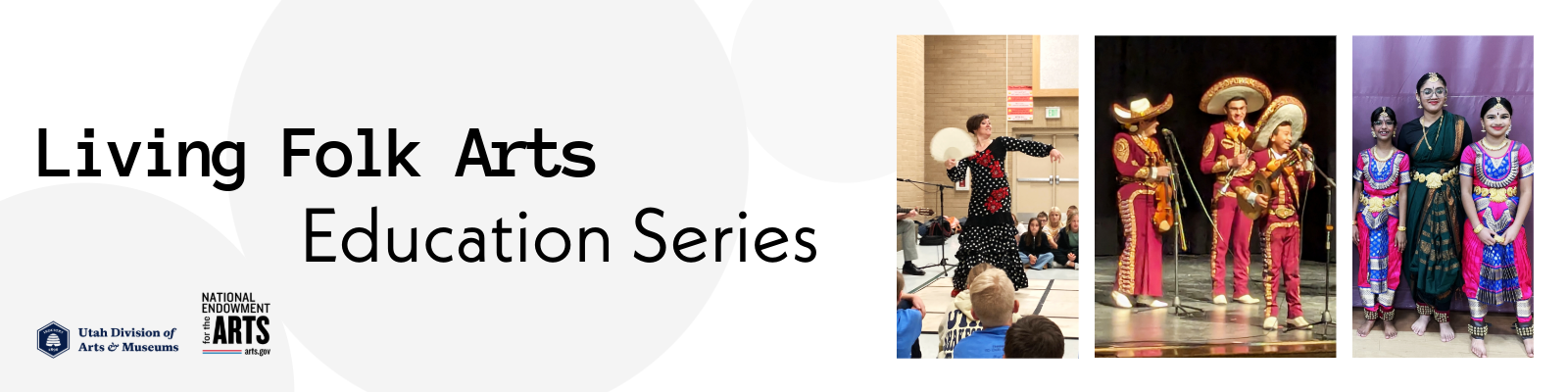 Banner for Living Folk Arts Education Series with dancers and musicians in traditional attire.